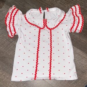 MODNTOGA 2T. White red polka dots, lace stripe flutter sleeve & Peter Pan collar